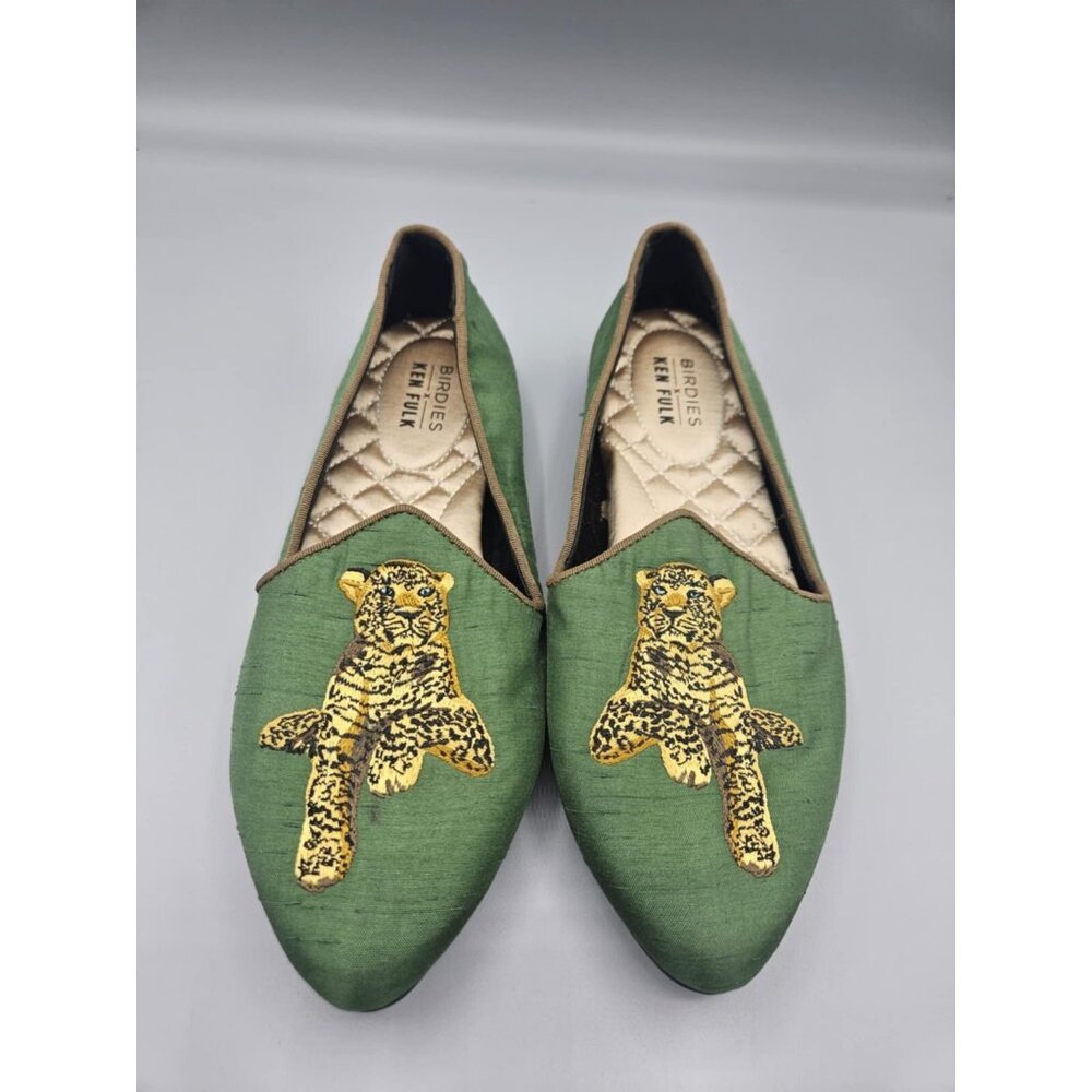 Birdies x Ken Fulk Heron EMERALD LEOPARD SATIN Slipper Flat Size 5
